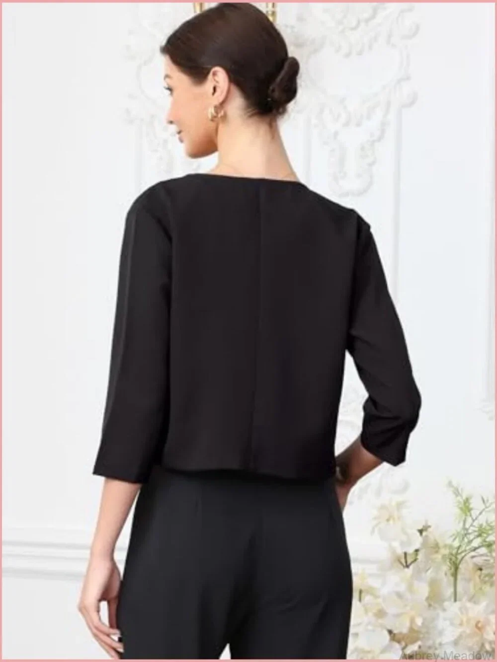 Crop Blazer Open Front 3/4 Sleeve Collarless Jacket Business Casual